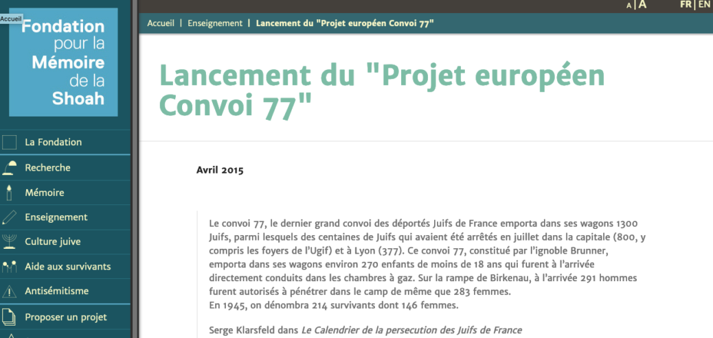 Fondation pour la Mémoire de la Shoah -Lancement du "Projet européen Convoi 77"