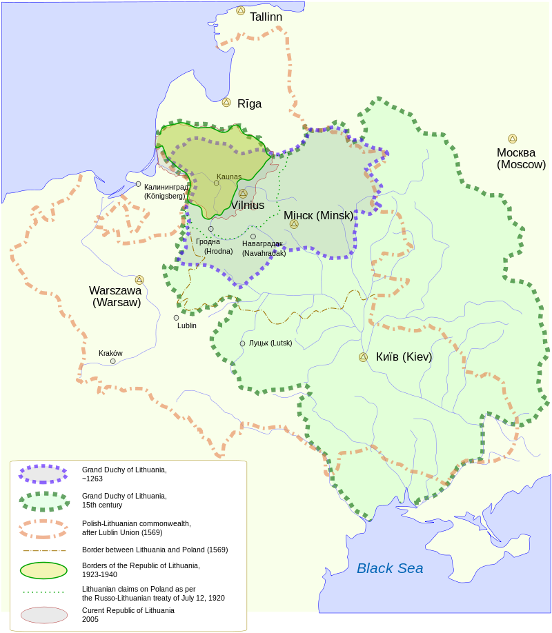 Le territoire de la Lituanie du Moyen Âge (le plus étendu) à nos jours