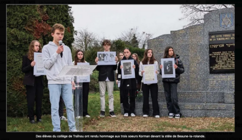 Le courrier du Loiret : hommage des collégiens de la Forêt de Traî­nou aux sœurs Korman, déportées du convoi 77
